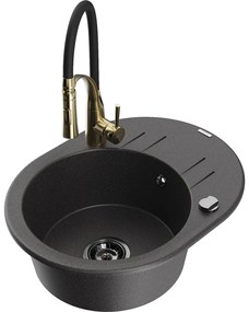Mexen Kevin, 1-komorový granitový drez 586x458x190 mm a drezová batéria Aster, čierna škvrnitá, 6517-76-73450-57-B