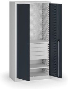 Policová dielenská skriňa 2-dverová, 2 police + 4 zásuvky, 1950 × 950 × 500 mm, grafitové dvere