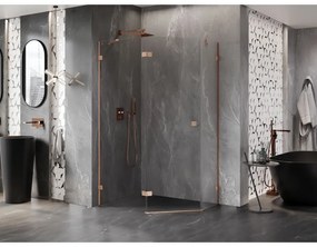 Mexen Lunar, päťuholníkový sprchový kút s ľavým sklonom 90 x 80 cm, 8mm číre sklo, profil medená matná, 831-090L-080P-65-00-L