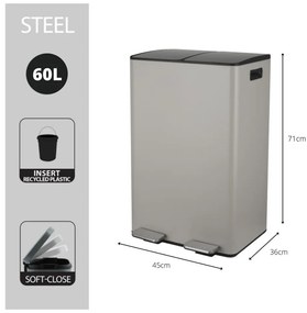 Taupe oceľový odpadkový kôš 2x30 l na triedený odpad/nášľapný Aliya – Spirella