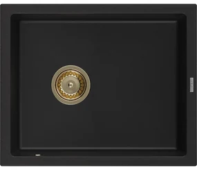 Mexen Pedro, granitový drez 560x460x200 mm, 1-komorový, čierna so zlatým sifónom, 6508561000-77-G