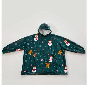 Baránková mikinová deka s rukávmi a kapucňou SNOWMAN AND GINGERBREAD, zelená