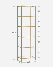 Sklenený regál, polica 6-úrovňová, oceľový rám, 30 x 40 x 177,3 cm, zlatá farba