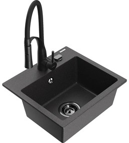 Mexen Milo, 1-komorový granitový drez 435x410x171 mm a drezová batéria Aster, čierna škvrnitá, 6505-76-73450-70-B