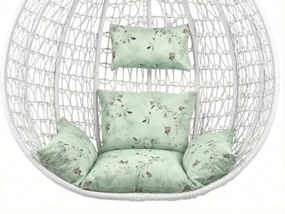 Biele závesné kreslo KOKON bez stojana, svetlozelený vankúš so vzorom