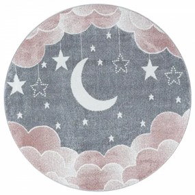 Detský koberec Funny mesiac nad oblakmi ružový / sivý, kruh