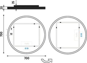Nimco Čierne okrúhle LED zrkadlo priemer 700 mm s dvoma dotykovými senzormi - ZPC 28001RVX-90
