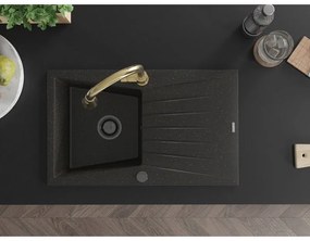 Mexen Cesar, 1-komorový granitový drez 775x470x190 mm a drezová batéria Elia, čierna-zlatá metalíza, 6514-75-670101-50-B