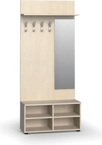 Vešiaková stena s botníkom a zrkadlom PRIMO WOOD, 4 háčiky, polica, roky zvisle, breza