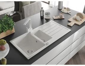 Mexen Andres, granitový drez 1000x500x200 mm, 1,5-komorový, biela s chrómovým sifónom a biela drezová batéria Rita, 6515-20-670300-20