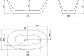 Mexen Eris, voľne stojaca vaňa 180 x 95 cm, biela-čierna, brúsená oceľ, 53441809575-97