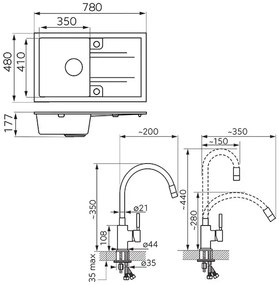 Ferro Drezy - sada granitový drez + flexi batéria Ferro Zumba BZA4B, 1-komorový 780x480 mm, grafitová lesk, DRGM48/78HA-SET1-PL