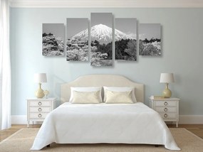 5-dielny obraz hora Fuji v čiernobielom prevedení - 100x50