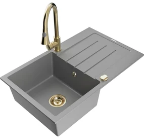 Mexen Bruno, 1-komorový granitový drez 795x495x200 mm a drezová batéria Elia, šedá, 6513-71-670101-50