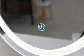 Toaletný stolík GLAM s LED zrkadlom biely / naturálny, sivá taburetka
