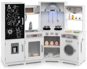 Drevená detská kuchynka so svetlom a zvukom, rohová herná kuchynka s tabuľou, mikrovlnnou rúrou a drezom, drevená kuchynka v bielej farbe