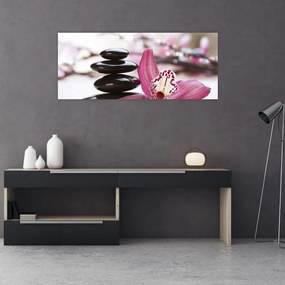 Obraz masážnych kameňov a orchidey na vode (120x50 cm)