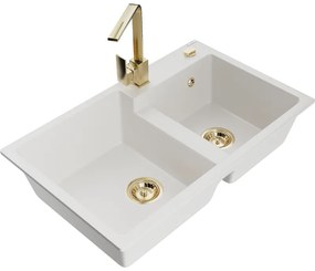 Mexen Tomas, granitový drez 800x500x190 mm, 2-komorový a zlatá batéria Rita, biela, 6516-20-670300-50