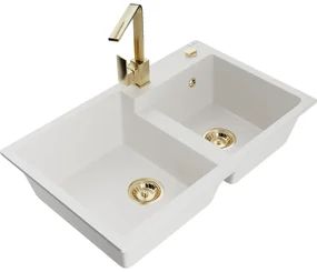 Mexen Tomas, granitový drez 800x500x190 mm, 2-komorový a zlatá batéria Rita, biela, 6516-20-670300-50
