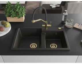Mexen Tomas, 2-komorový granitový drez 800x500x190 mm  a kuchynská batéria Duo, čierna-zlatá metalíza, 6516-75-671701-57-G