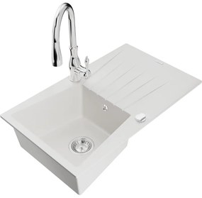 Mexen Cesar, 1-komorový granitový drez 775x470x190 mm a drezová batéria Savita, biela, 6513-77-672601-70