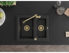 Mexen Carlos, granitový drez 582x475x177 mm, 1,5-komorový a drezová batéria Carla, čierna-strieborná metalíza, 6518-73-670700-50