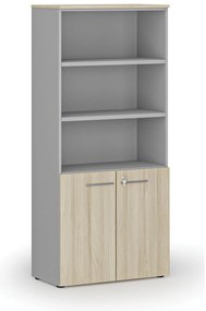 Kombinovaná kancelárska skriňa PRIMO GRAY, dvere na 2 poschodia, 800 x 420 x 1781 mm, sivá/dub prírodný