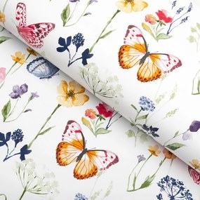 PVC obrus Jarné kvietky s motýlikmi na bielom PV-097 - metráž š. 140 cm