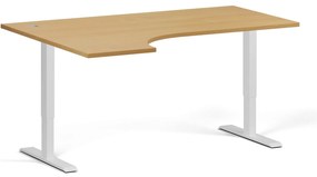 Rohový výškovo nastaviteľný stôl, 160x120 cm, 2 motory, L/P, biela podnož, buk