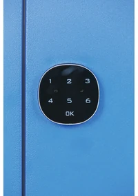 Šatníková skrinka s úložnými boxmi, 3 boxy, 1850 x 300 x 500 mm, kódový zámok, modré dvere