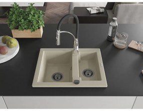 Mexen Carlos, 1,5-komorový granitový drez 582x475x177 mm a drezová batéria Aster, béžová, 6518-69-73450-07-B