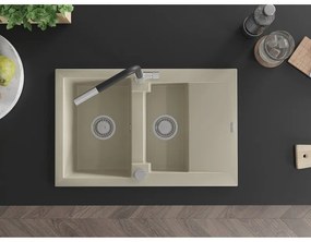 Mexen Gaspar, 1,5-komorový granitový drez 737x475x177 mm a drezová batéria Flora, béžová, 6507-69-670401-07