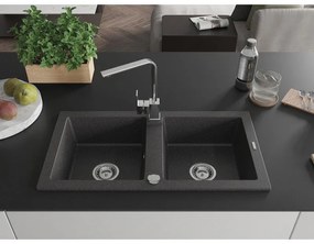 Mexen Mario, granitový drez 820x436x161 mm, 2-komorový, čierna škvrnitá s chrómovým sifónom a chrómová drezová batéria Rita, 6504-76-670300-00