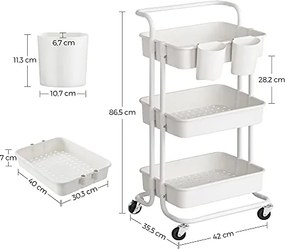 Mobilný vozík na kolieskach s 3 úložnými policami, s rukoväťou, biely