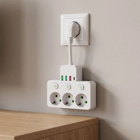 Toolight Toolight, JNH018, zásuvkový rozbočovač 3 zásuvky + 3× USB-A + USB-C s LED svetlom, biela, OSW-56306