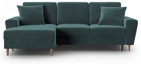 Zamatová rozkladacia/s úložným priestorom rohová pohovka v petrolejovej farbe (ľavý roh/s leňoškou) Kyoto – Cosmopolitan Design