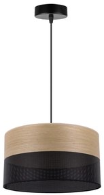 Závesné svietidlo Wood, 1x dýha zlatý dub/čierne PVC tienidlo, (fi 30cm)