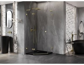 Mexen Lunar, L päťuholníkový sprchový kút naklápací doľava 100 x 100 cm, 8mm číre sklo, zlatý profil, 831L-100L-100P-50-00-L