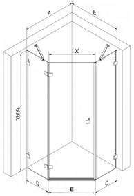 Mexen Lunar, Päťuholníkový sprchový kút Mexen Lunar s výklopným ľavým oknom 100 x 90 cm, 8mm číre sklo, čierny profil, 831-100L-090P-70-00-L