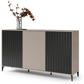 Komoda Rimini K-182 Béžová Taupe / Čierna matná - MODERNÁ SKRIŇA S DRÁŽKOVANÝMI ČELAMI
