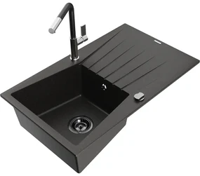 Mexen Cesar, 1-komorový granitový drez 775x470x190 mm a drezová batéria Flora, čierna-zlatá metalíza, 6514-75-670401-07-B