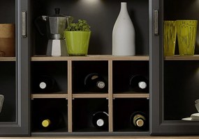 Nástavná vitrína s priehradkami Jasmin, grafit/dub, s osvetlením