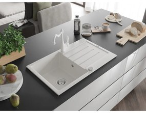 Mexen Bruno, granitový drez 795x495x200 mm, 1-komorový a drezová batéria Carla, biela, 6513-20-670700-20