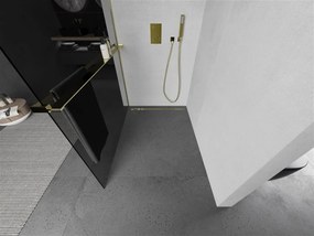Mexen Kioto+, sprchová zástena s poličkou a držiakom na uteráky 140 x 200 cm, 8mm šedé sklo, zlatý profil, 800-140-121-50-40
