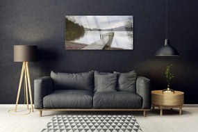 Skleneny obraz Jazero architektúra most 125x50 cm