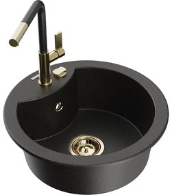 Mexen Diego, 1-komorový granitový drez 488x488x167 mm a drezová batéria Flora, čierna-zlatá metalíza, 6512-75-670401-57-G