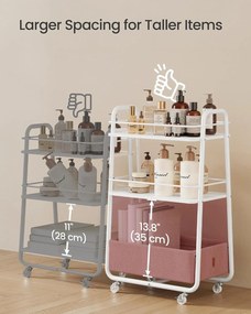 Gurulový úložný vozík s textilným košíkom, 3-poschodový vozík na kolieskach s policami, oblá biela a ťavohnedá