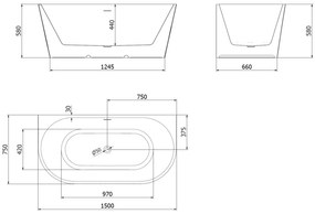 Mexen Oris, voľne stojaca ryhovaná vaňa 150 x 75 cm, biela-čierna, brúsený grafit prepad, 52871507575-66