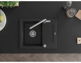 Mexen Enzo, 1-komorový granitový drez 576x465x174 mm a drezová batéria Flora, čierna, 6506-77-670401-00