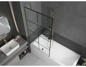 Mexen Next, vaňová zástena 1-krídlová 90 x 150 cm, fixné krídlo, 6 mm číre sklo s čiernym vzorom, zlatý profil, 895-090-000-00-77-50